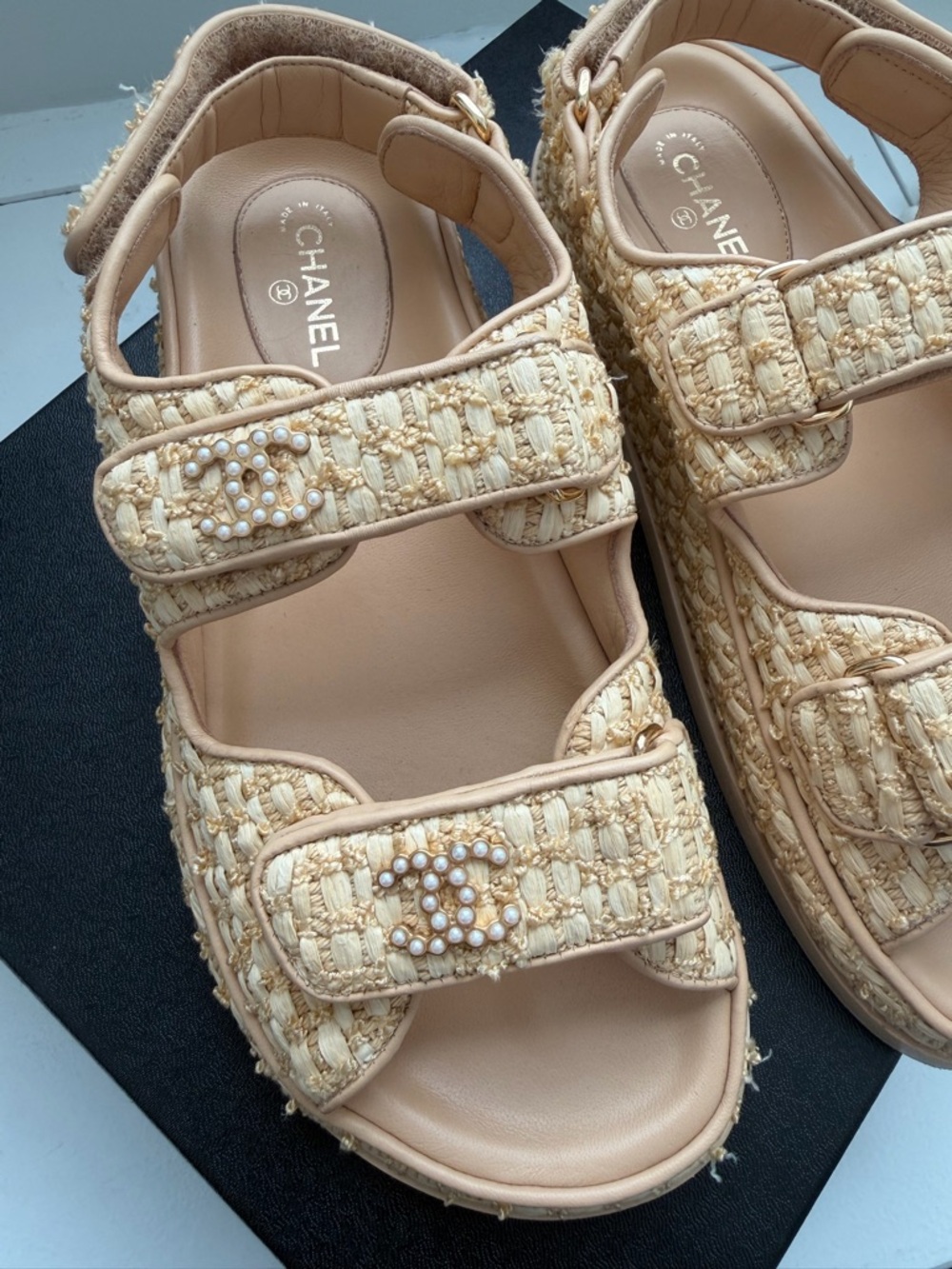 CHANEL Raffia Pearl Dad Sandals 37 Beige 21C CC Logo Velcro - Picture 7 of 16
